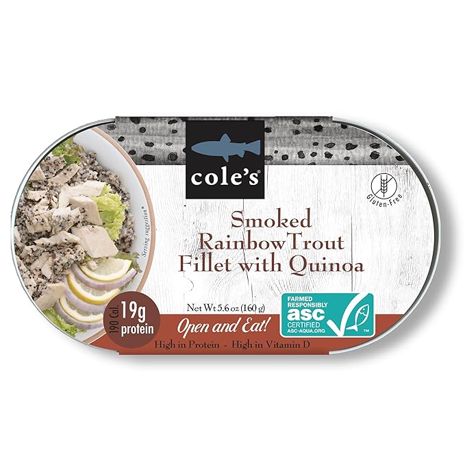 COLE’S - Smoked Rainbow Trout Fillet with Quinoa | Open & Ready to Eat Meal | 5.6 oz Canned & Hand-Packed | 19g Protein | High in Vitamin D | 1 unit