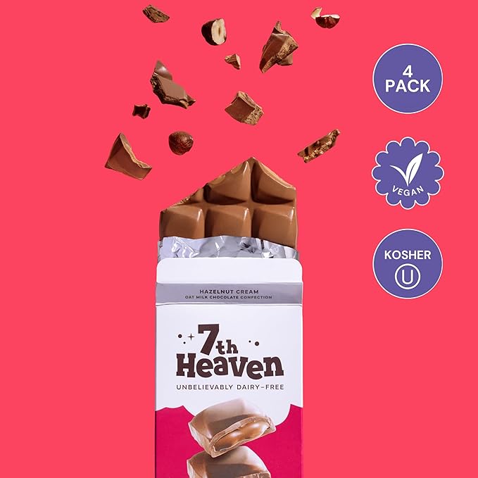 7th Heaven, Vegan Hazelnut Cream Oat Milk Chocolate Bar (3.5oz Full Size Candy Bars - 4 Packs) - Perfect for Easter Candy, Plant Based Dairy Free Chocolate with Peanut Butter Filling, Fair Trade Cocoa & Coconut Oil, Kosher Parve