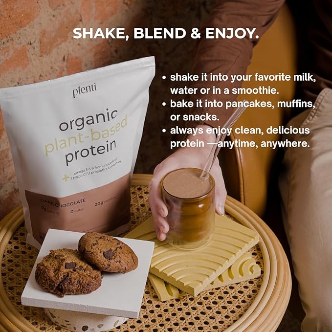 plenti Organic Plant-Based Protein Powder: Dark Chocolate - 20g Pea Protein + Probiotics, Digestive Enzymes & Omega 3-6, Gut Friendly, Sugar Free, 27 Servings (2 lbs)