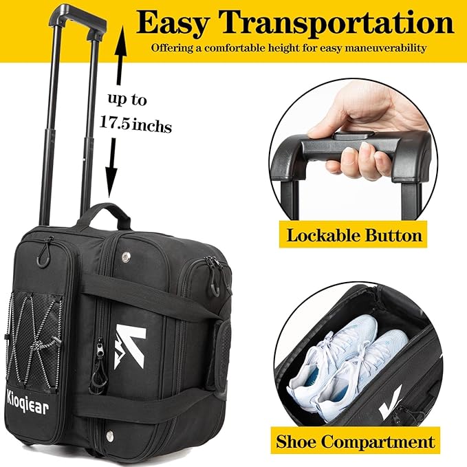 Double Roller 2 Ball Bowling Bag with Large Separate Shoe Compartment and Oversized Accessory Pocket, 36" Extendable Handle.