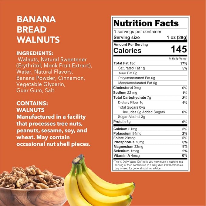 Earthside Farms Banana Bread Walnuts 1oz, 16 Pack – Vegan, Gluten-Free, Low Carb, Keto Friendly Snack – Sweet & Crunchy Candied Walnuts with Real Banana Flavor – Perfect for On-the-Go, Work, School