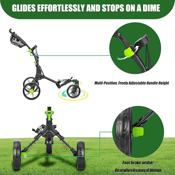 Golf Push Cart Series: 2-Wheel, 3-Wheel, 4-Wheel & 360° Swivel Front Wheel