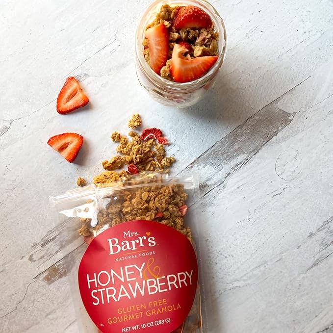 Mrs. Barr’s Natural Foods Granola | Honey & Strawberry | Certified Organic Gluten Free Oats | Soft Texture | Small Batch | Gourmet Quality | Real Ingredients | 10 Ounces (3 Pack)