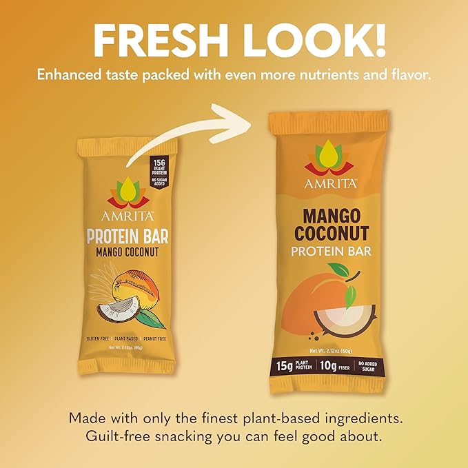 Amrita Nut Free Vegan Protein Bars (12 Count) | Mango Coconut 15g Plant-Based Protein Bar | Peanut-Free, Gluten Free, and Dairy-Free | No Added Sugar, High Fiber, Healthy Snacks for Kids/Adults