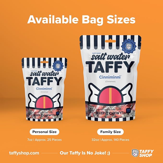 Taffy Shop Cinniminni, Cinnamon Salt Water Taffy – Gourmet Soft Chewy Candy, Bulk Sweet Snack, Fresh Gift & Gluten-Free, 140 Individually Wrapped Pieces (32oz)