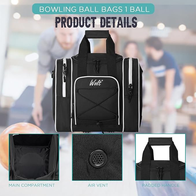 WOLT Bowling Ball Bag for Single Ball - Bowling Ball Tote Bag with Padded Ball Holder, 2 Pockets fit Bowling Shoes Up to Mens Size 14 and Accessories