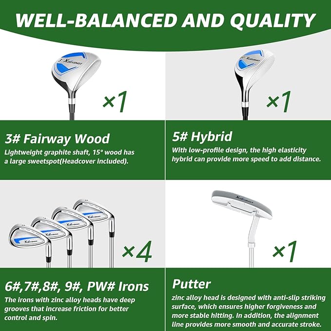 8 Pieces Complete Golf Club Set – Full Set with Bag, Fairway Wood, Hybrid, Irons, Putter – Lightweight, Beginner Friendly, Premium Quality, Distance & Accuracy, Easy to Use for Men & Women