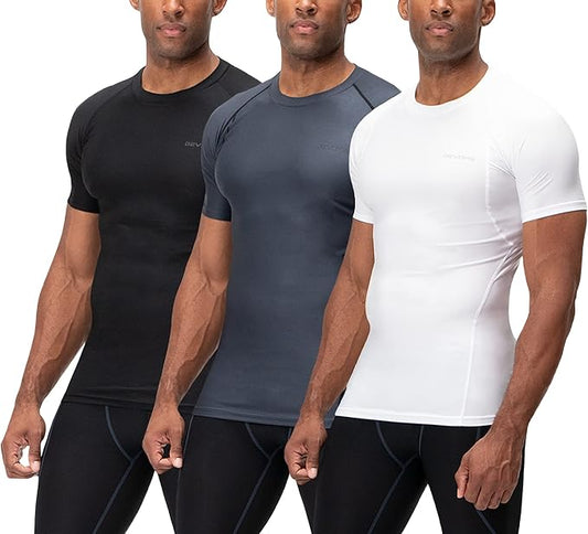 DEVOPS 3 Pack Men's Cool Dry Short Sleeve Compression Shirts, Sports Baselayer T-Shirts Tops, Athletic Workout Shirt