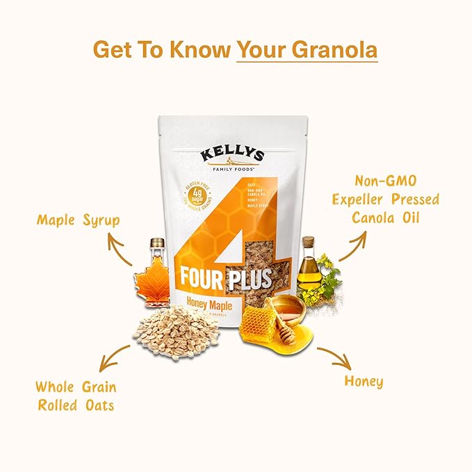 Kelly's Four Plus (Honey Maple) Healthy Granola Cereal with Whole Grain Oats, Honey, Maple Syrup - Non-GMO, Low Sugar, Sodium Free and Gluten Free Granola for Yogurt - 12oz