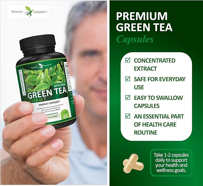 Potent Garden Green Tea Extract with EGCG Natural Energy, Mental Focus, Immune Support, Antioxidant and Healthy Heart Formula, Non-GMO 120 Green Tea Extract Capsules
