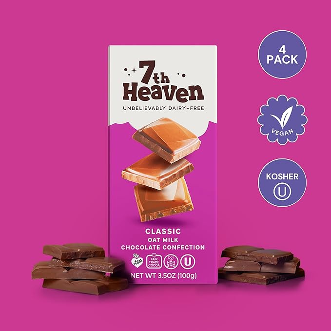 7th Heaven, Vegan Oat Milk Chocolate Bars (3.5oz Full Size Candy Bars - 4 Packs) - Perfect for Easter Candy, Plant Based Dairy Free Chocolate with Peanut Butter Filling, Fair Trade Cocoa & Coconut Oil, Kosher Parve