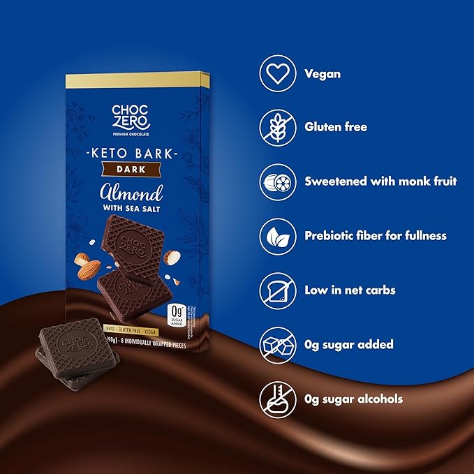 ChocZero Keto Bark, Dark Chocolate Almonds with Sea Salt, Sugar Free, Low Carb, No Sugar Alcohols, No Artificial Sweeteners, All Natural, Non-GMO, 3.2 Ounce (Pack of 4)