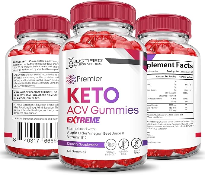 Justified Laboratories (5 Pack Premier Keto ACV Gummies Advanced Extreme 2000MG Premier Keto Gummies Apple Cider Vinegar Formulated with Pomegranate Beet Juice Powder B12 Vegan Non GMO 300 Gummys