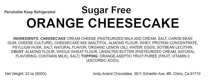 Andy Anand's Baked Gourmet Sugar Free Orange Cheesecake 9" (2 lbs) | No Preservatives Cheesecake & Diabetic-Friendly, You Won't Believe It's Sugar Free! | Freshly Made with California Cream Cheese
