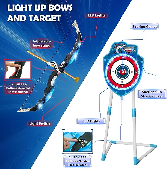 VATOS 2 Pack Bow and Arrow Toy with LED Light - 4 in 1 Archery & Dart Game Set with 20 Suction Cup Arrows, Shark Glow Target & Dart Board - Indoor/Outdoor Birthday Gift for Kids Boys Girls Ages 5-12