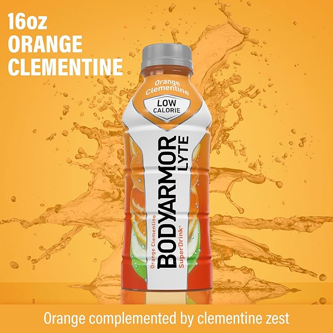 BODYARMOR LYTE Sports Drink Low-Calorie Sports Beverage, Orange Clementine - Orange Citrus, Coconut Water Hydration, Natural Flavors With Vitamins, Potassium-Packed Electrolytes, Perfect For Athletes, 16 Fl Oz (Pack of 12)