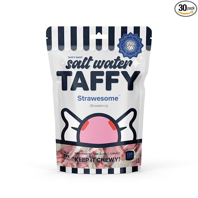 Taffy Shop Strawsome, Strawberry Salt Water Taffy – Gourmet Soft Chewy Candy, Bulk Sweet Snack, Fresh Gift & Gluten-Free, 140 Individually Wrapped Pieces (32oz)