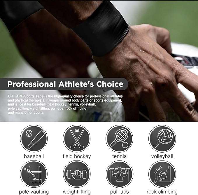 OK TAPE 4 Rolls Black Athletic Tape, Sports Tape, Very Strong Easy Tear Wrist Ankle Tape, No Sticky Residue | Athletes, Medical, Athletic Trainers- 1.5inch x 15yards