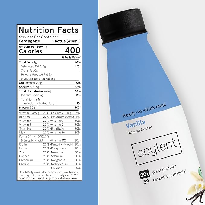 Soylent Vanilla Meal Replacement Shake, Ready-to-Drink Plant Based Protein Drink, Contains 20g Complete Vegan Protein and 1g Sugar, 14oz, 12 Pack