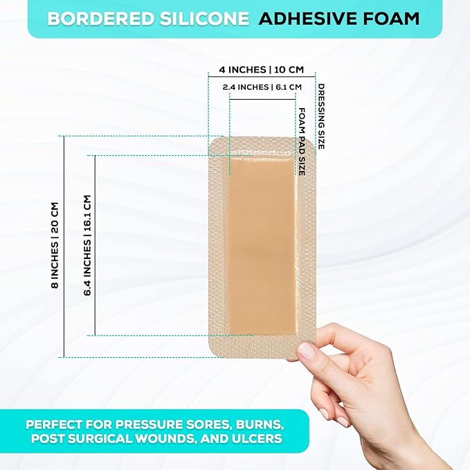 MedVanceTM Silicone - Bordered Silicone Adhesive Foam Dressing Size 4”X8” (2.4"x 6.4" Pad) 10 Pack
