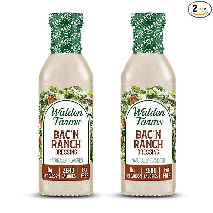 Walden Farms Bac’n Ranch Dressing – Low Carb, Calorie-Free, Gluten-Free, Keto-Friendly, Sugar-Free, Fat-Free, Dairy-Free Smoky Bacon Ranch Flavor – 2-Pack, 12 oz Bottles