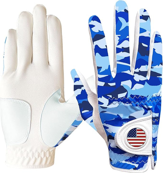 FINGER TEN Golf Gloves Men Left Hand Right with Ball Marker USA Flag Blue Camo Plaid Pack, Mens Leather Golf Glove All Weather Grip Small Medium ML Large XL