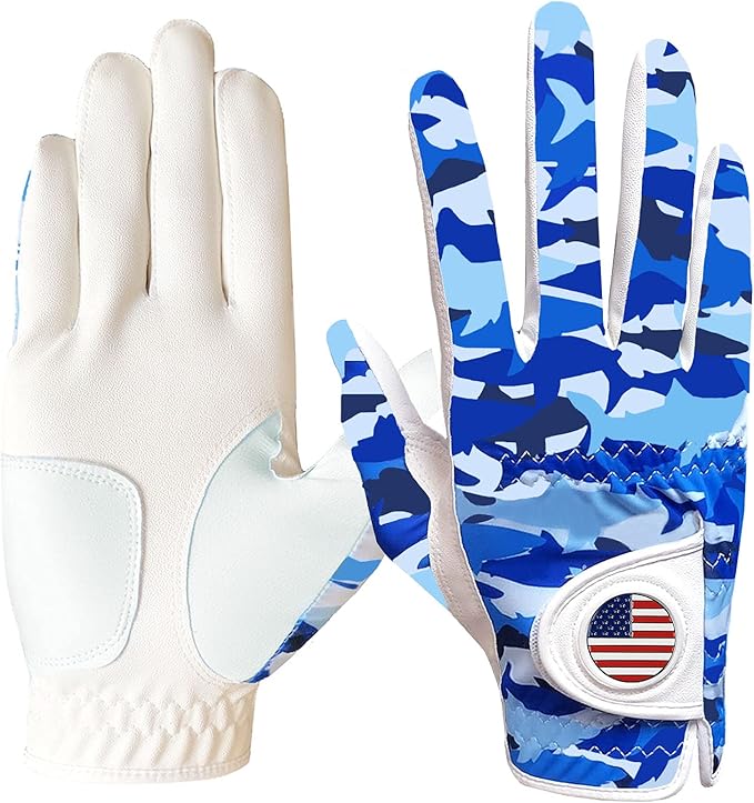 FINGER TEN Golf Gloves Men Left Hand Right with Ball Marker USA Flag Blue Camo Plaid Pack, Mens Leather Golf Glove All Weather Grip Small Medium ML Large XL