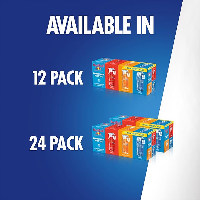 Red Bull Energy Drink Sugar Free Variety Pack, Red, Amber, and Sea Blue, with 80mg Caffeine, Taurine & B Vitamins, 8.4 fl. oz., 2 x 12 pack, 24 Cans Case