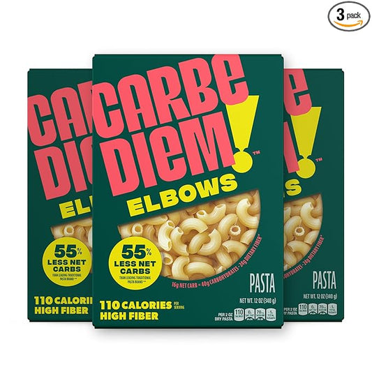 Carbe Diem!, Elbows, Lower Net Carb Pasta with Traditional Flavor & Texture, 55% Fewer Net Carbs & Only 110 Calories Per Serving, Pack of 3