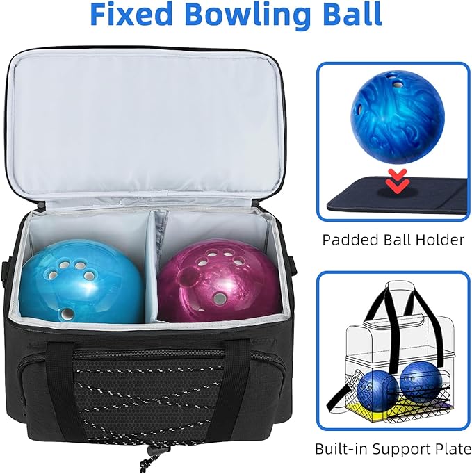 Bowling Ball Bag 2 Ball with Padded Holder Portable Double Bowling Totes with Adjustable Shoulder Strap Large Capacity Bowling Gear Organizer