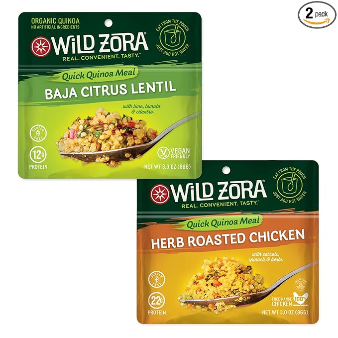 Wild Zora Instant Organic Quinoa Meals - Quick & Tasty Prepared Quinoa Bowls, Pantry Staples Gluten-Free Meal with Lentils Plus 10g Olive Oil Packet - Best Sellers Variety (2-Pack)