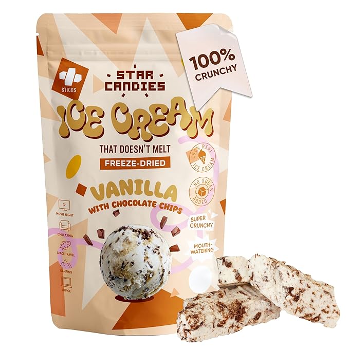 Star Candies Freeze Dried Ice Cream Vanilla Chocolate Pieces | No Melting Freeze Dried Vanilla Ice Cream Candy | Crunchy & Delicious Camping Food | Premium Astronaut Snack | No Added Sugar | (2.5 oz)