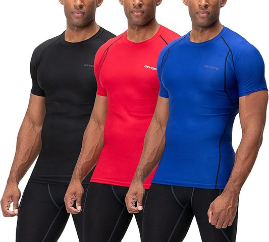 DEVOPS 3 Pack Men's Cool Dry Short Sleeve Compression Shirts, Sports Baselayer T-Shirts Tops, Athletic Workout Shirt