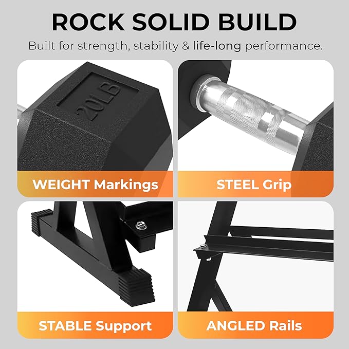 Rubber Hex Dumbbell Set with Rack, 10/12/20 Pair (550/780/1200/1550/2100 lbs total) Weight Rack with Dumbbells, Rubber Coated Dumbbell Set with Rack Stand for Home Gym & Strength Training