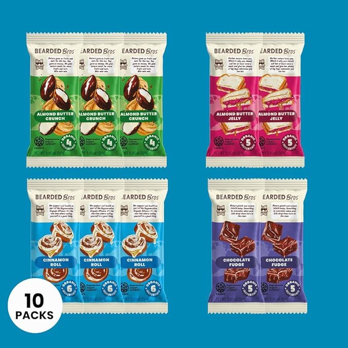 Bearded Brothers Organic Vegan Energy Bars - Gluten & Soy Free, Paleo, Whole 30 | Non GMO, Low Glycemic, High Protein, Fiber (10 Pack, Regenerative Organic Certified Variety Pack)