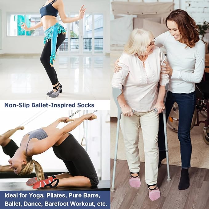 Ozaiic Yoga Socks for Women Non-Slip Grips & Straps, Ideal for Pilates, Pure Barre, Ballet, Dance, Barefoot Workout