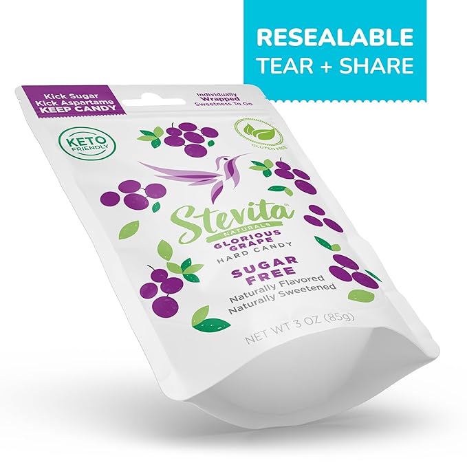 Stevita Hard Candy, Glorious Grape - 25 Individually Wrapped Pieces - Sugar & Aspartame Free - Naturally Flavored & Sweetened - Non-GMO, Gluten Free, Keto Friendly