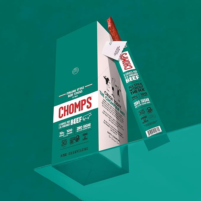 Chomps Grass-Fed and Finished Italian Beef Jerky Snack Sticks 10-Pack - Keto, Paleo, Whole30, 10g Lean Meat Protein, Gluten-Free, Zero Sugar Food, Non-GMO