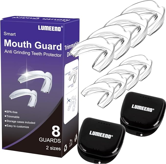 Mouth Guard for Grinding Teeth at Night Guards for Teeth Grinding 8-Pack (2 Sizes) and 2 Travel Cases Trimmable Design Hot Water Fit Mouthguard for Tooth Protection