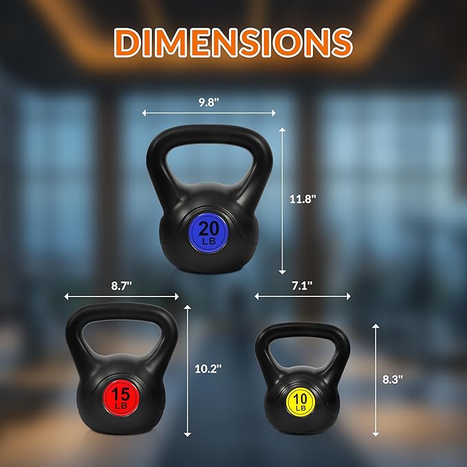Wide Grip 3-Piece or 4-Piece Kettlebell Exercise Fitness Weight Set, Include 5 lbs, 10 lbs, 15 lbs and 20 lbs, Set of 3 or Set of 4