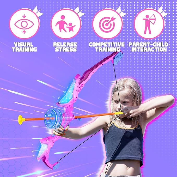 2 Pack Kids Bow and Arrow, 20 Suction Cup Arrows, 2 Archery Targets&Quiver, Light-up Set for Kids Ages 4-8 8-12, Indoor Outdoor Toys for Boys Girls, (Black & Pink)