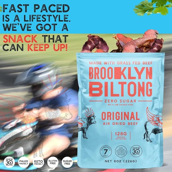 Brooklyn Biltong Air Dried Grass Fed Beef Snack, South African Beef Jerky (8 oz, Pack of 1) - Whole30 Approved, Paleo, Keto, Gluten Free, Sugar Free, Made in USA - (Original)