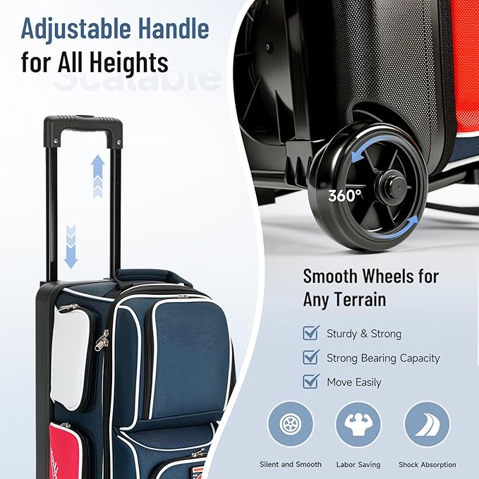 MANUEKLEAR 3 Ball Bowling Bags with Wheels, Bowling Ball Bag 3 Ball Roller with Accessory Pockets and Shoe Compartment