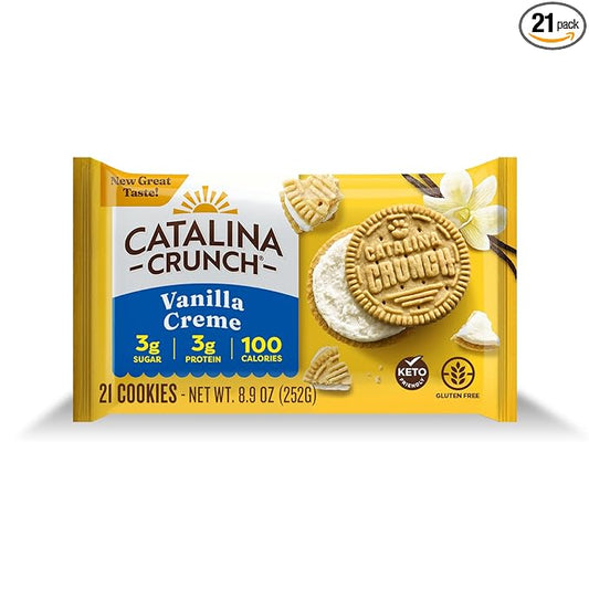 Catalina Crunch Protein Cookies, 4g Protein per Serving - Low-Sugar Sandwich Cookies - Gluten Free, Vegan - Keto Dessert Snacks - Vanilla Creme, 8.9 oz. (21 Count)