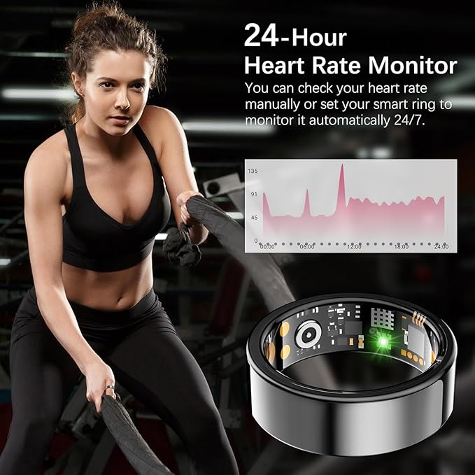 Ring Health Tracker for Women Men, Fit Ring with Heart Rate, Blood Oxygen, Sleep Monitor, Calories, Step Counter, IP68 Waterproof Smart Ring for iPhone & Android, No Subscription Fee (Black, 12#)