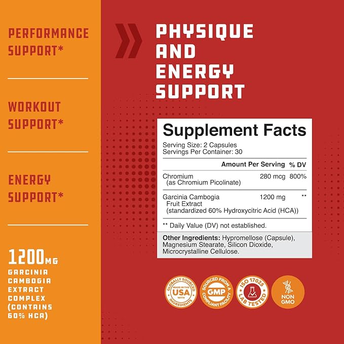 Strong Garcinia Cambogia Extract Capsules with 60% HCA - Non-Stimulant Garcinia Cambogia Weight Loss Supplement with Hydroxycitric Acid & Chromium for Balance, Energy & Metabolism Support - 60 Count