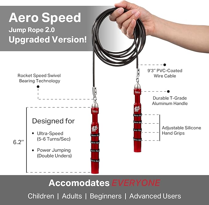 Buddy Lee Aero Speed Jump Rope 2.0 Upgraded Version with Sonic Rocket Speed Swivel Bearing | Tangle-Free & Adjustable Jump Rope for Men & Women - For Fitness, Double-Unders, and Cross-Training