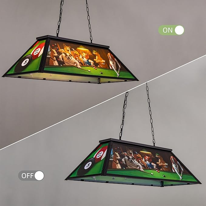 Wellmet Tiffany Pool Table Light, Dogs Playing Billiards Lights for 7' 8' 9' Pool Table, 3 Lights Billiard Fixture Hanging Pendant Lamp for Snooker Table, Cabin, Game Room, Men's Cave, Dining Room