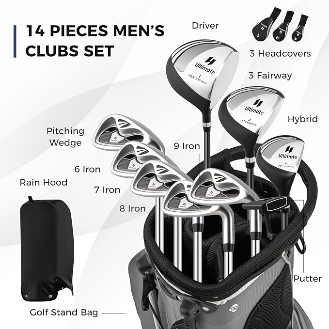 ULTIMATE Men's Complete Golf Club Set – Right-Handed, 9/11-Piece Full Set Including 460cc #1 Driver, #3 Fairway Wood, Hybrid, #6, #7, #8, #9, #P Irons, and a Precision Putter