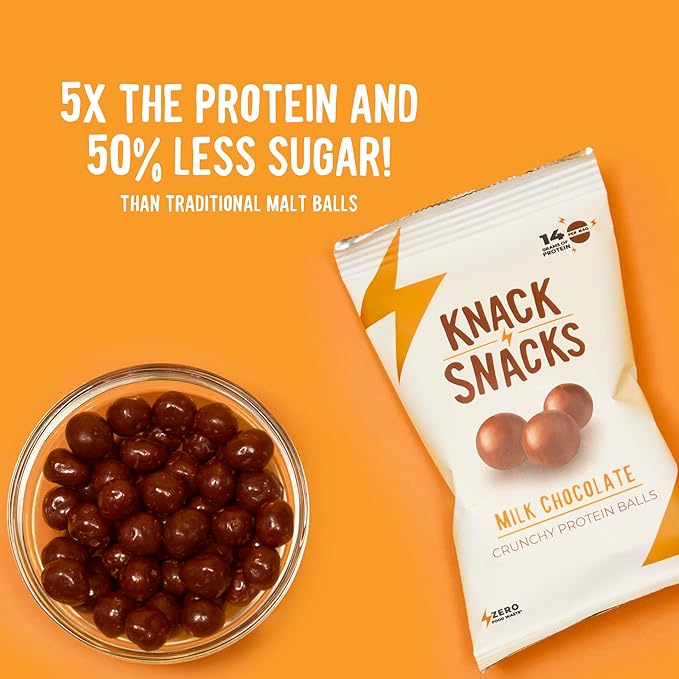 Knack Snacks | Crunchy Protein Balls - Milk Chocolate Flavor (10x 1.2oz Bags) | Lunchbox Ready, High Protein, Naturally Gluten Free, Lower Sugar, Chocolate Snack for School, Work, Travel, Parties